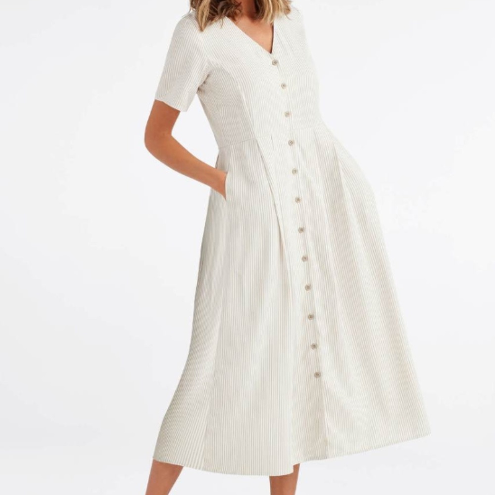 VETTA Capsule Button Up Midi Dress in Tan Stripe